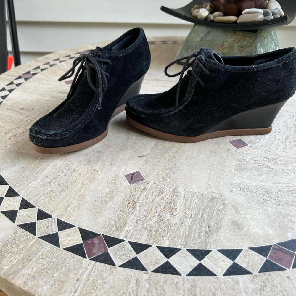 Black suede wedge heels